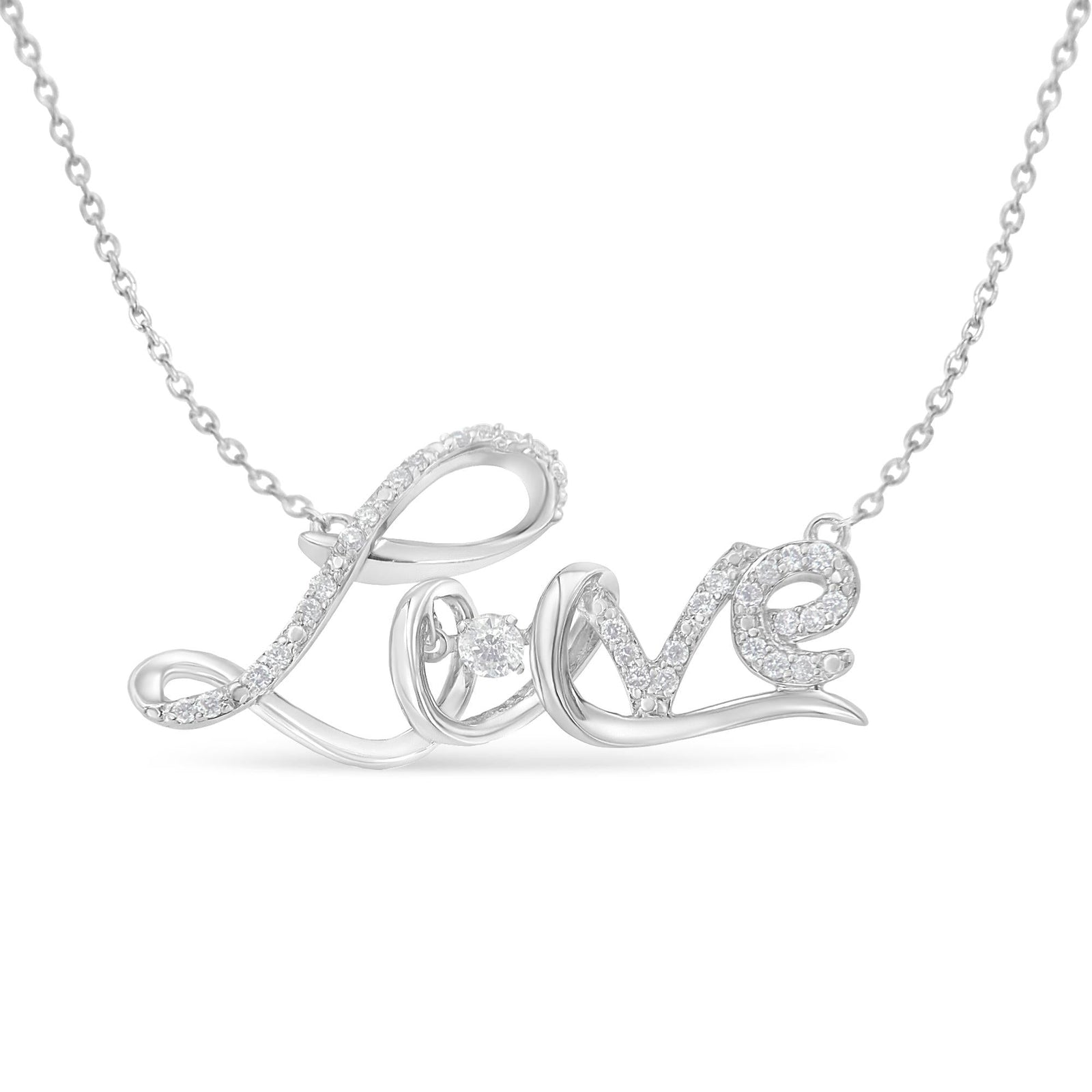 .925 Sterling Silver 1/4 Cttw Diamond Cursive "Love" 18" Pendant Necklace (H-I Color, I1-I2 Clarity)-0