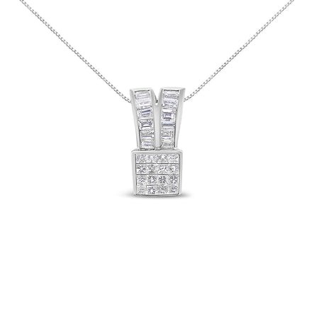 14K White Gold 1 5/8 cttw Princess and Baguette Cut Diamond Heart Ribbon Pendant Necklace (G-H, VS1-VS2)-0