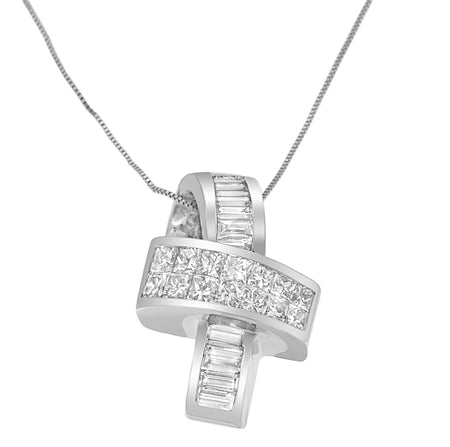 14K White Gold 2 cttw Princess and Baguette Cut Diamond Ribbon Pendant Necklace (H-I, SI-SI2)-0