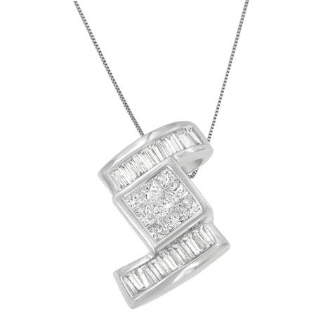 14K White Gold 1 2/5 cttw Princess and Baguette Cut Diamond Zig Zag Pendant Necklace (H-I, SI1-SI2)-0