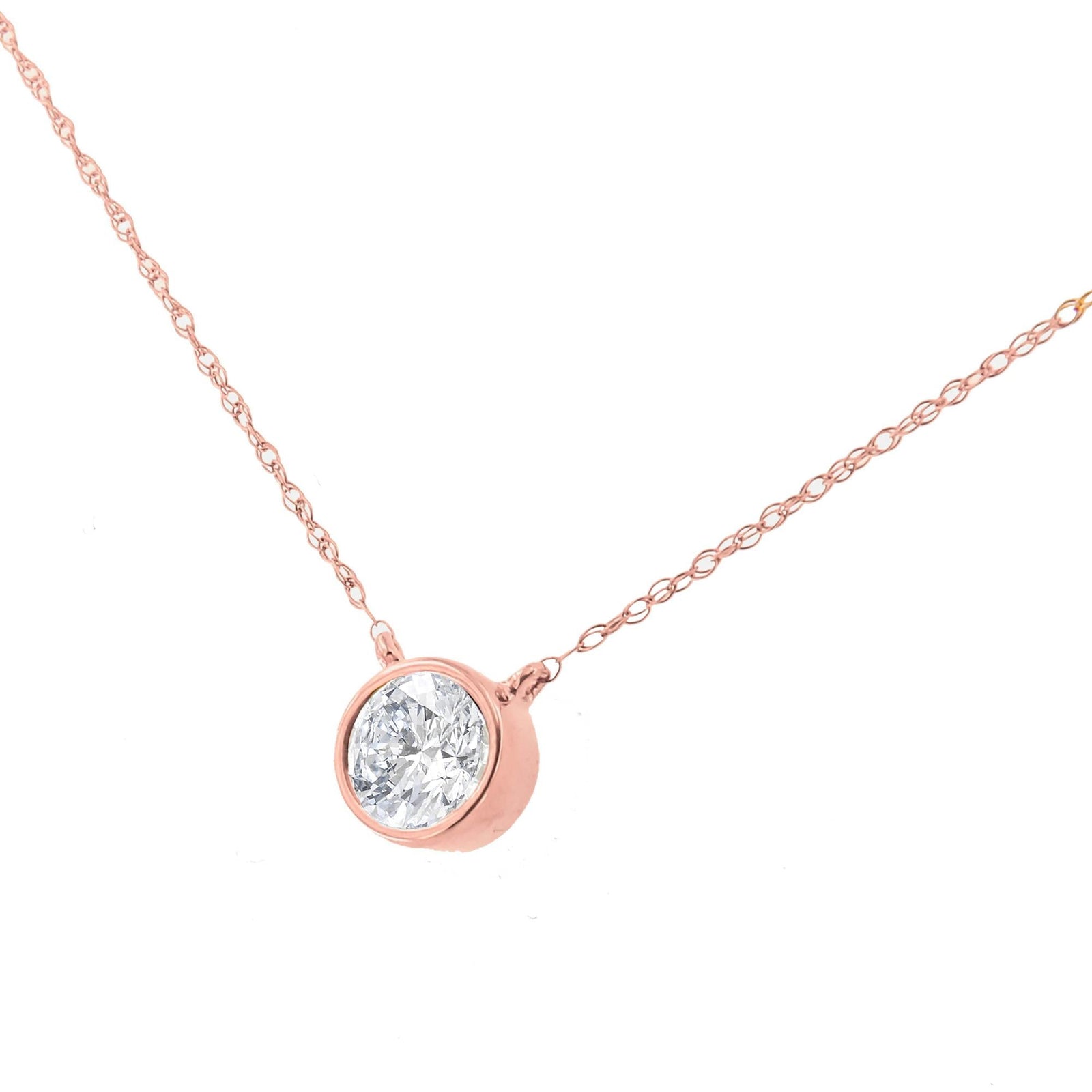 AGS Certified 10K Rose Gold 1/5 Cttw Bezel Set Round Diamond Solitaire 16-18" Adjustable Pendant Necklace (H-I Color, VS1-VS2 Clarity)-0