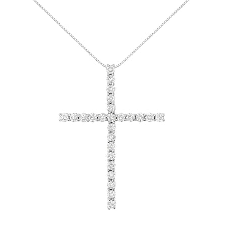 .925 Sterling Silver 3.0 Cttw Round Shape Diamond 1-1/2" Cross Pendant with Box Chain Necklace (J-K Color, I2-I3 Clarity) - 18"-0
