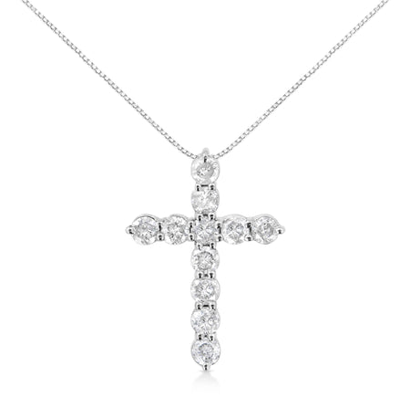 .925 Sterling Silver 1.0 Cttw Prong Set Round-Cut Diamond Cross 18" Pendant Necklace (I-J Color, I2-I3 Clarity)-0