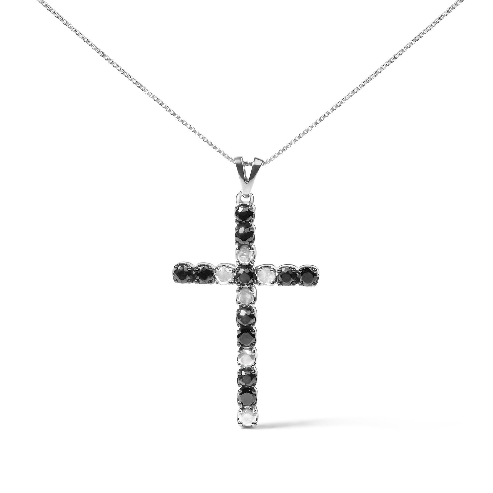 .925 Sterling Silver 2.0 Cttw Prong Set Round Natural Treated Black and White Diamond Cross Pendant Necklace - 18" (Black/H-I Color, I3 Clarity)-0