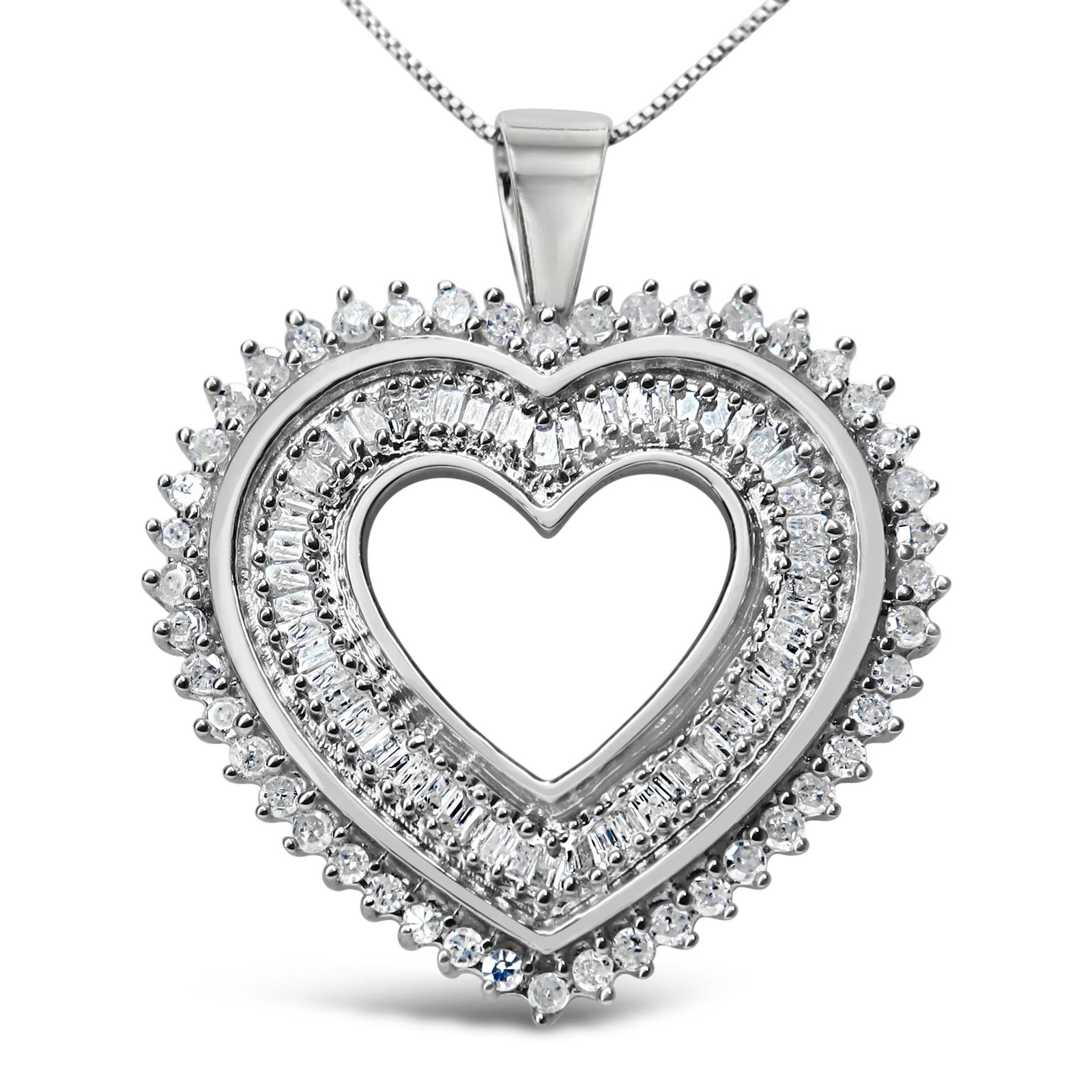 .925 Sterling Silver 1.0 Cttw Baguette and Round Diamond  Heart Pendant 18" Necklace (H-I Color, I3 Clarity)-0
