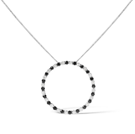 .925 Sterling Silver 2.0 Cttw Alternating Black and White Diamond Open Hoop Circle Pendant Necklace (H-I Color, I2-I3 Clarity) - 18" Inches-0