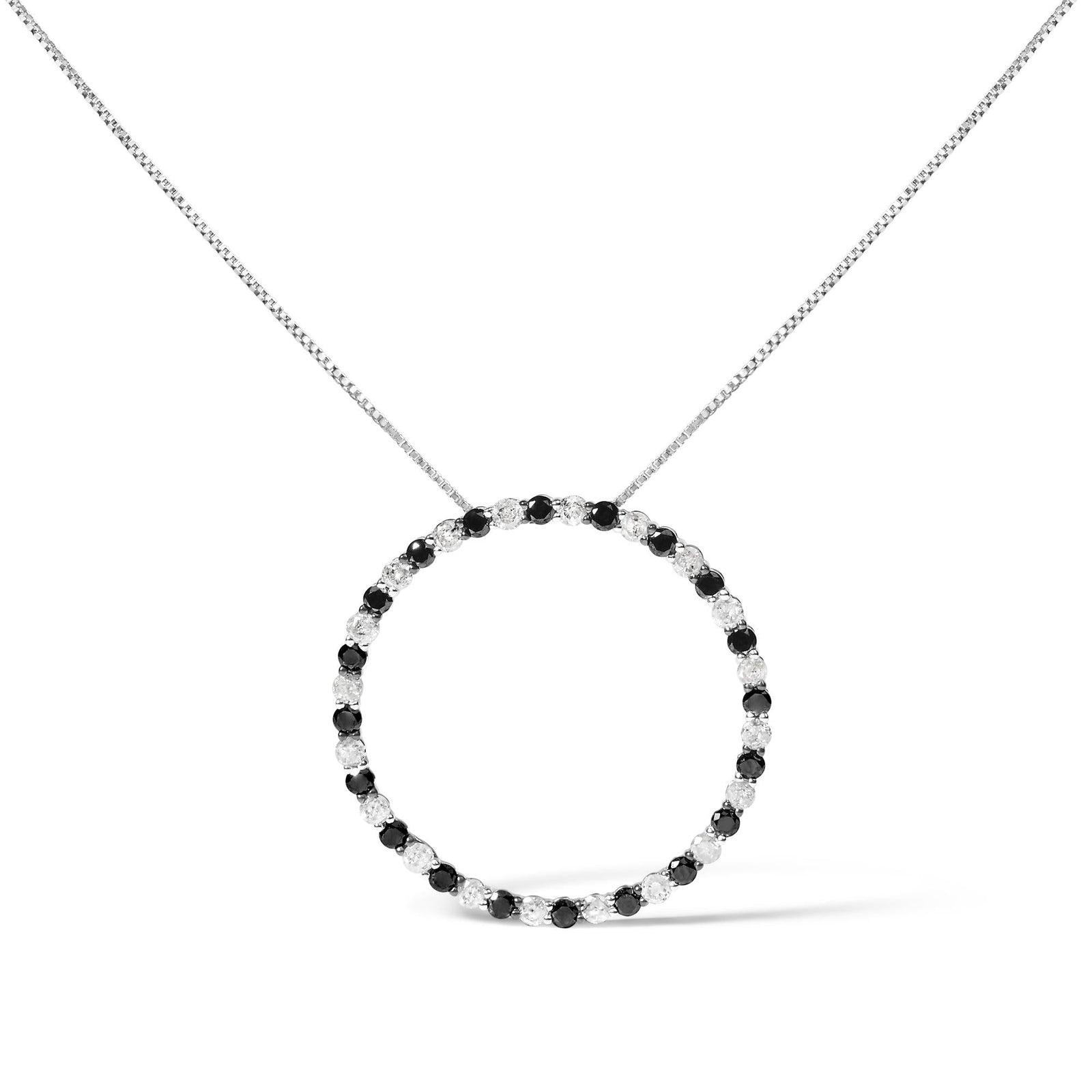 .925 Sterling Silver 2.0 Cttw Alternating Black and White Diamond Open Hoop Circle Pendant Necklace (H-I Color, I2-I3 Clarity) - 18" Inches-0