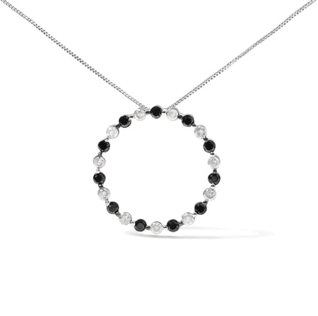 .925 Sterling Silver 1 3/4 Cttw Alternating Black and White Diamond Open Circle Hoop Pendant Necklace (H-I Color, I2-I3 Clarity) - 18" Inches-0
