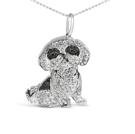 .925 Sterling Silver 1 1/4 Cttw Diamond Shih Tzu Dog Pendant Necklace 18 inch (Black and I-J Color, I2-I3 Clarity)-0