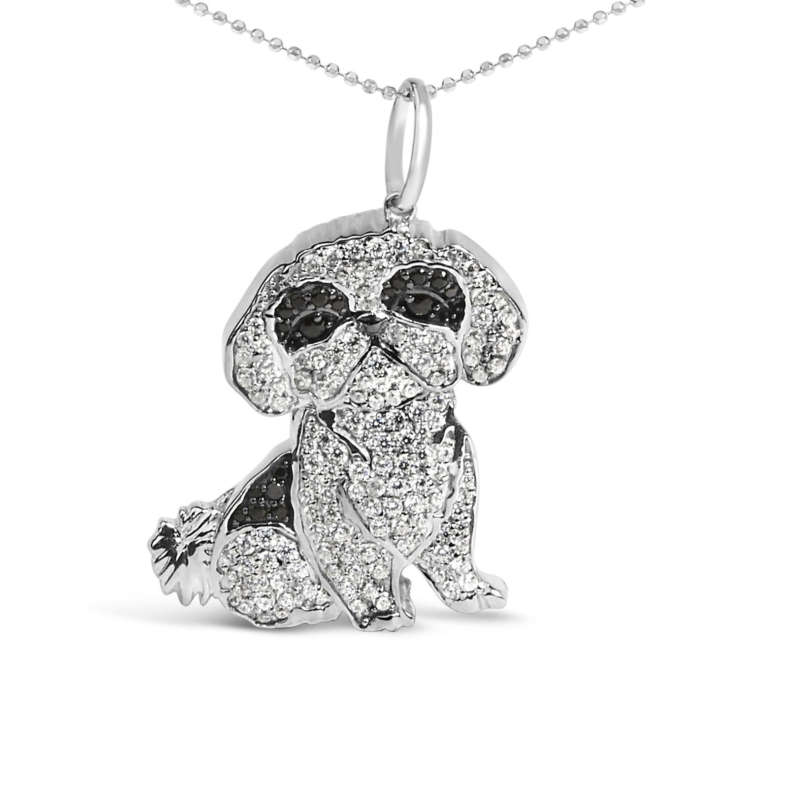 .925 Sterling Silver 1 1/4 Cttw Diamond Shih Tzu Dog Pendant Necklace 18 inch (Black and I-J Color, I2-I3 Clarity)-0