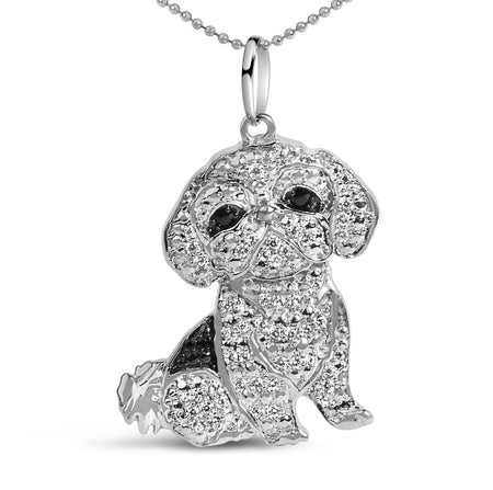.925 Sterling Silver 1/2 Cttw White and Black Diamond Shih Tzu Dog 18" Pendant Necklace (I-J Color, I2-I3 Clarity)-0