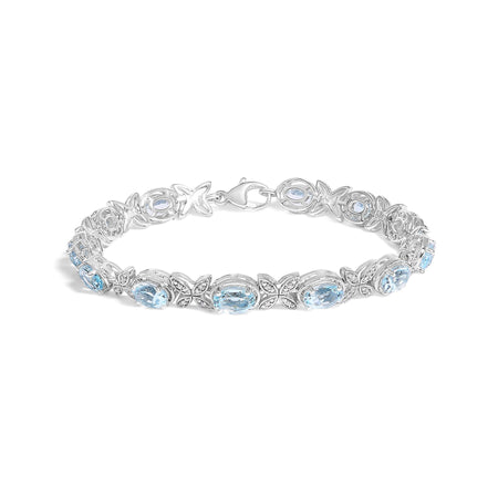 .925 Sterling Silver Oval Blue Topaz Diamond Butterfly Link Bracelet (I-J Color, I1-I2 Clarity) - Size 7" Inches