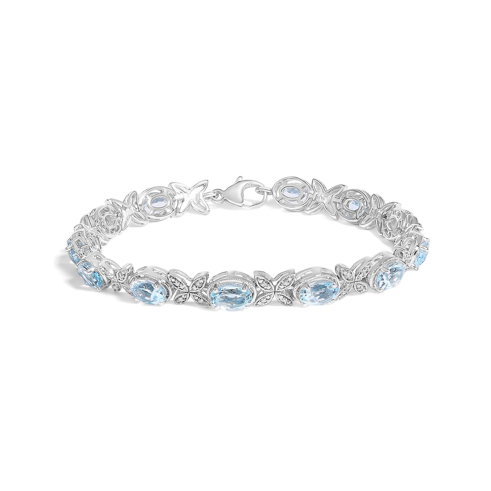.925 Sterling Silver Oval Blue Topaz Diamond Butterfly Link Bracelet (I-J Color, I1-I2 Clarity) - Size 7" Inches