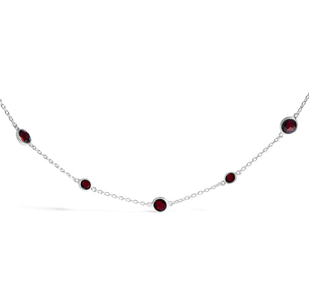 .925 Sterling Silver Checkerboard Cut Red Garnet Bezel Station Necklace - 22" Inches-1