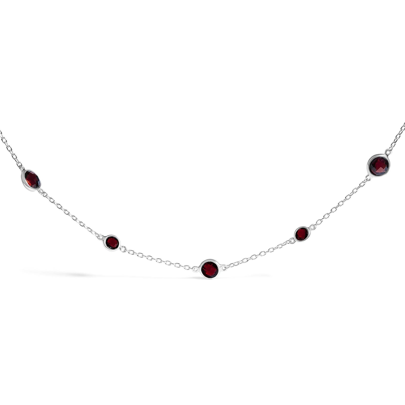 .925 Sterling Silver Checkerboard Cut Red Garnet Bezel Station Necklace - 22" Inches-3