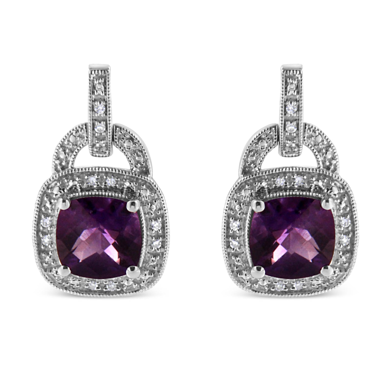 .925 Sterling Silver 8MM Natural Cushion Shaped Amethyst and Diamond Accent Halo with Push Back Dangle Earrings (I-J Color, I2-I3 Clarity)-0