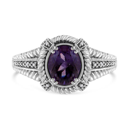 .925 Sterling Silver 9X7 Oval MM Purple Amethyst Solitaire and Diamond Accent Ring-0