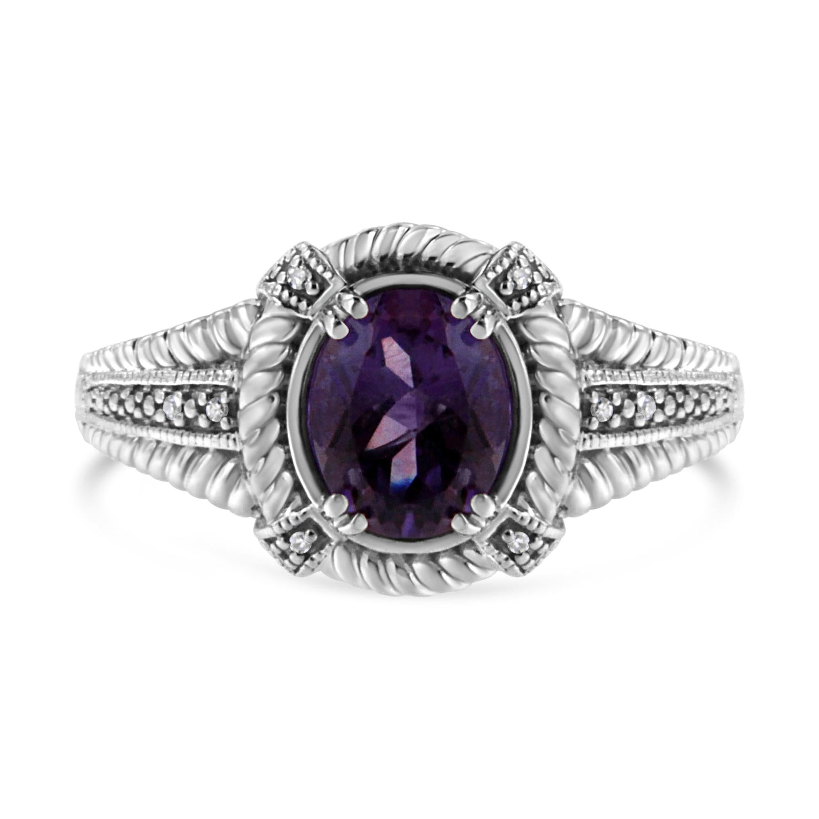 .925 Sterling Silver 9X7 Oval MM Purple Amethyst Solitaire and Diamond Accent Ring-0