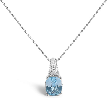 .925 Sterling Silver Blue Topaz and Diamond Accent Textured Pendant Necklace - 18" Inches-0