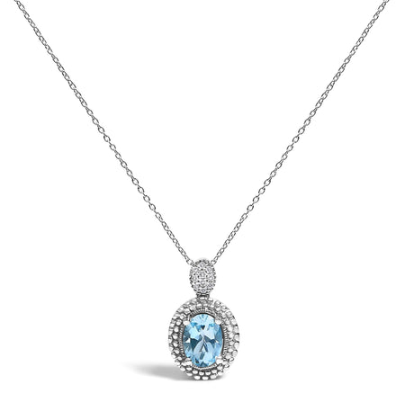.925 Sterling Silver Oval Blue Topaz and Diamond Accent with Beaded Halo Pendant Necklace - 18" Inches-0