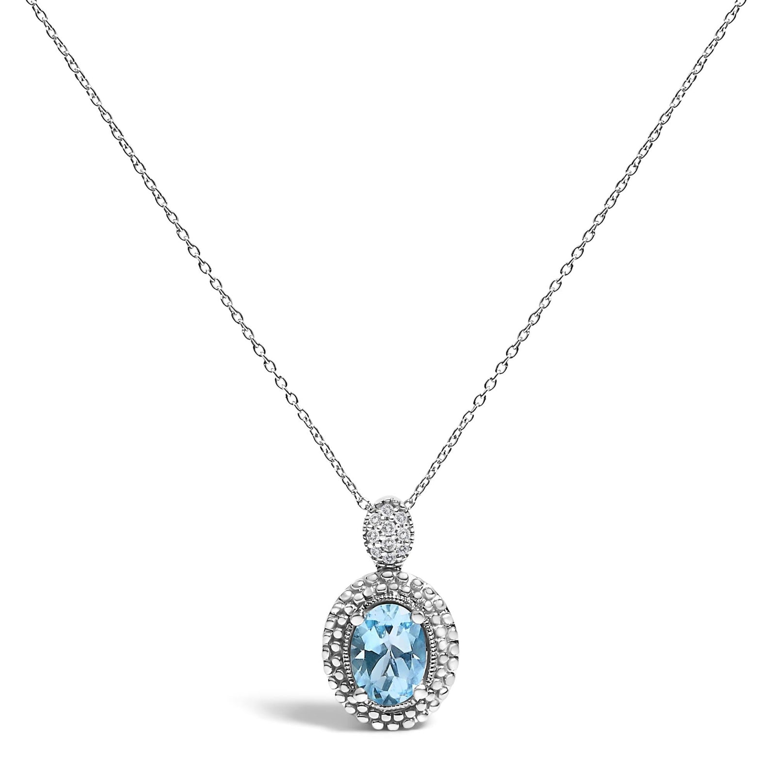.925 Sterling Silver Oval Blue Topaz and Diamond Accent with Beaded Halo Pendant Necklace - 18" Inches-0
