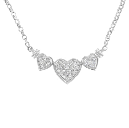 14K White Gold 1.0 Cttw Princess Cut Diamond Three Heart 18" Statement Pendant Necklace (H-I Color, SI2-I1 Clarity)-0