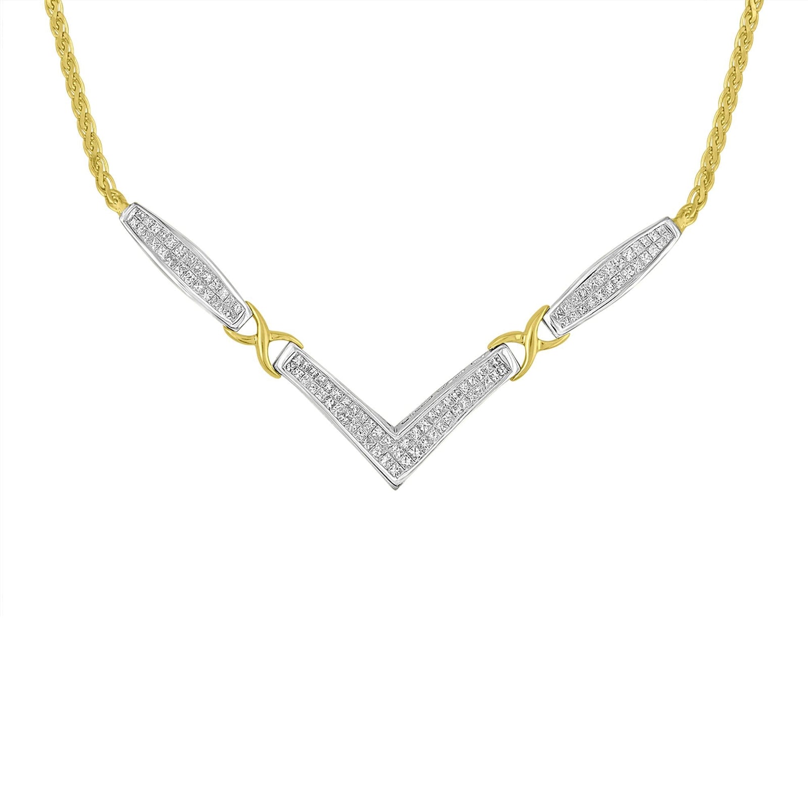 14K Yellow and White Gold 2.0 Cttw Princess Cut Diamond Flared and X-Station V Shaped 18” Franco Chain Statement Necklace (H-I Color, SI2-I1 Clarity)-0
