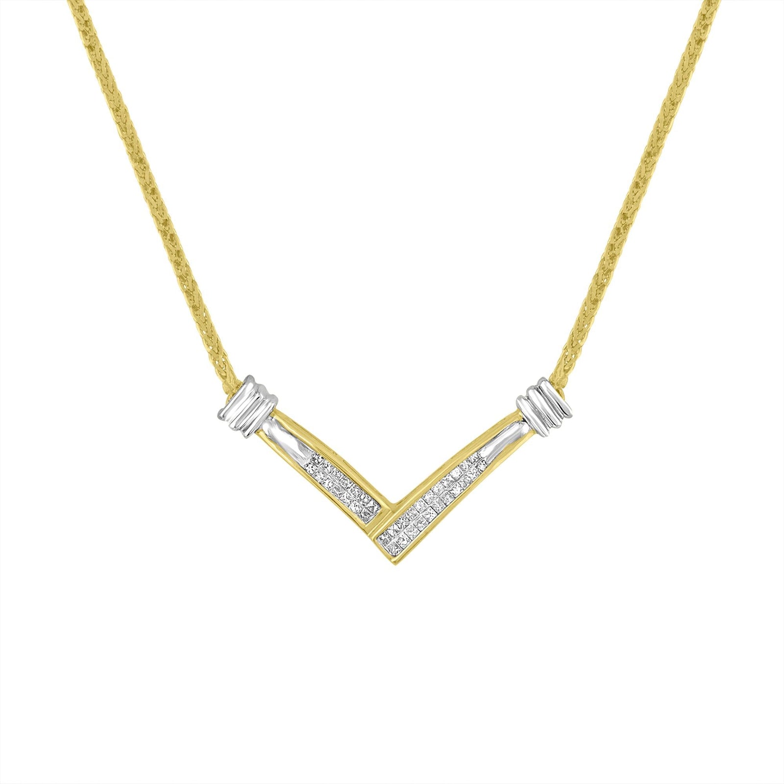 14K Yellow and White Gold 1/4 Cttw Princess Cut Diamond Channel-Set “V” Shape 18" Pendant Necklace (H-I Color, SI2-I1 Clarity)-0