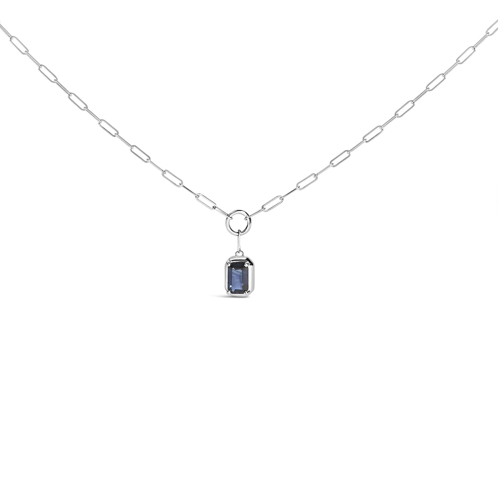 10K White Gold Emerald Cut 6x4 MM Blue Sapphire Solitaire Pendant Necklace - 18 inch-1