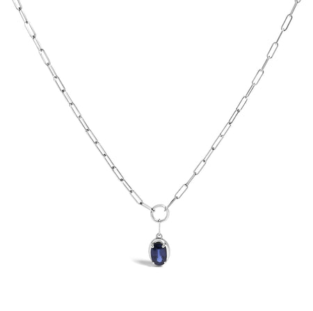 10K White Gold 6x4 mm Oval Blue Sapphire Solitaire Paperclip Pendant Necklace - 18" Inches-1