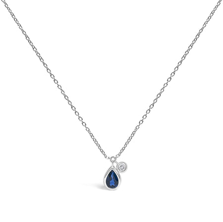 14K White Gold 6x4mm Pear Blue Sapphire and Diamond Accent Charm Pendant Necklace - 18" Inches-0