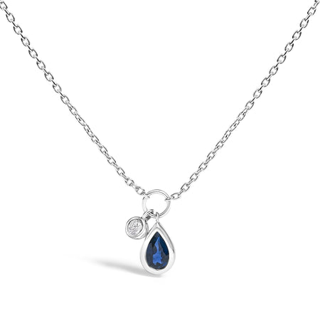 10K White Gold 6x4 mm Pear Blue Sapphire and Diamond  Accent Charm Pendant Necklace - 18" Inches-0