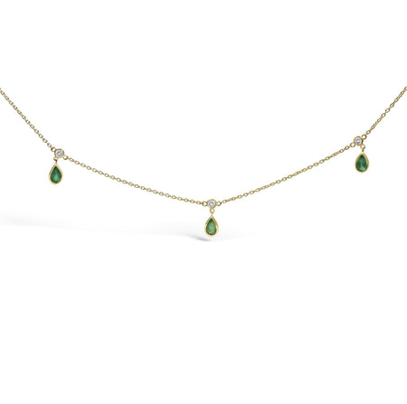 10K Yellow Gold Dangling 5x3 mm Green Emerald and Diamond Station Necklace - 18" Inches-0