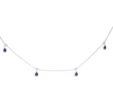 10K White Gold Dangling 5x3 mm Pear Blue Sapphire and Diamond Station Necklace - 18" Inches-0