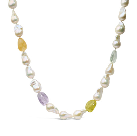 14K Yellow Gold Citrine, Amethyst, and Baroque Pearl Strand Necklace - 18" Inches-0