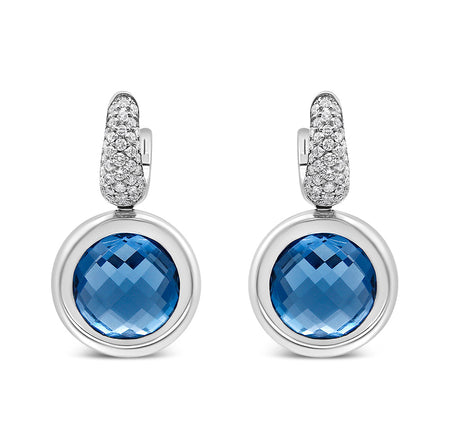 18K White Gold Bezel Set 11mm Blue Topaz and 1/2 Cttw Invisible Set Diamond Bale Dangle Earrings (F-G Color, VS1-VS2 Clarity)