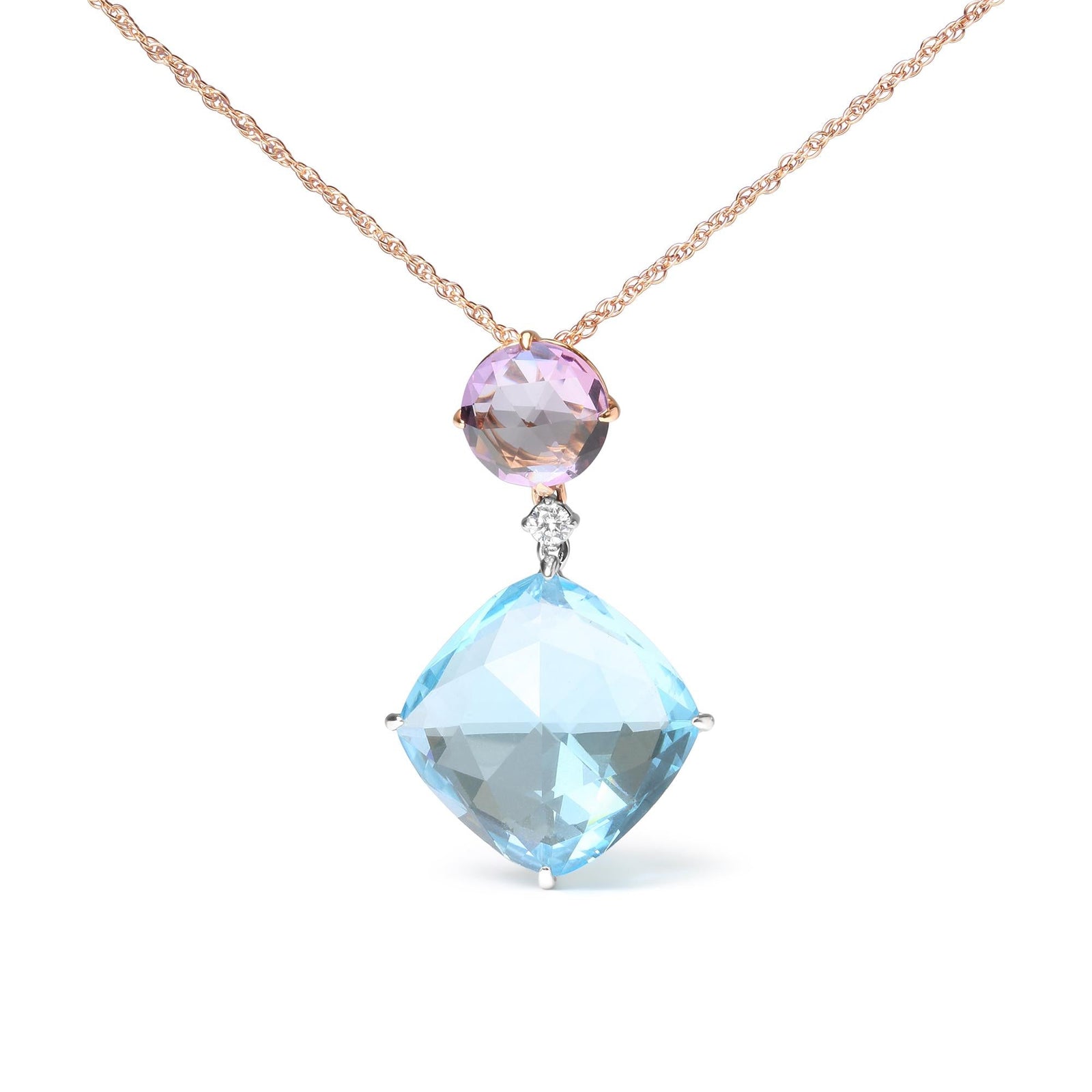 18K White and Rose Gold Round Diamond Accent and Round Rose De France Pink Amethyst and Cushion Cut Sky Blue Topaz Dangle Drop 18" Pendant Necklace (G-H Color, SI1-SI2 Clarity)-0