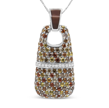 .925 Sterling Silver Brown Enamel 1 Cttw White and Brown Diamonds and  1.5mm Yellow and Orange Sapphire Gemstones Statement 18" Pendant Necklace (Brown and F-G Color, VS1-VS2 Clarity)-0