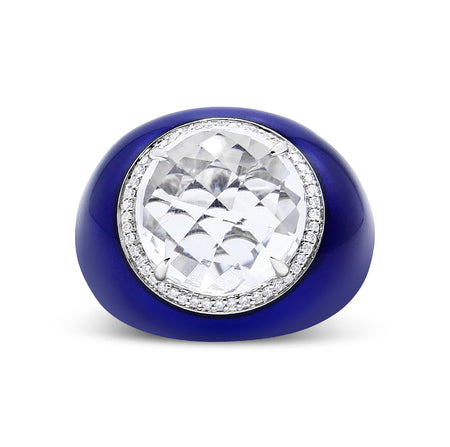 18K White Gold 14mm White Quartz and 1/5 Cttw Diamond Halo with Blue Enamel Dome Ring (F-G Color, VS1-VS2 Clarity)-0