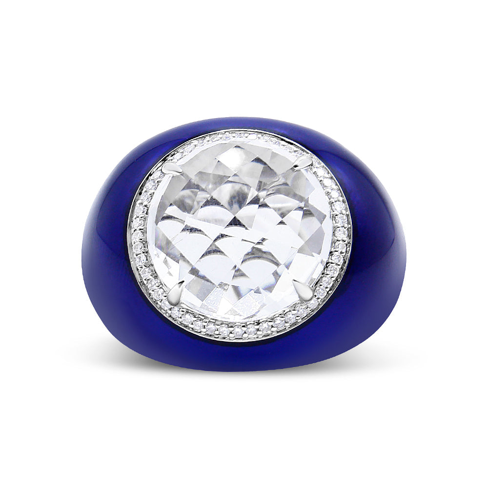 18K White Gold 14mm White Quartz and 1/5 Cttw Diamond Halo with Blue Enamel Dome Ring (F-G Color, VS1-VS2 Clarity)-0