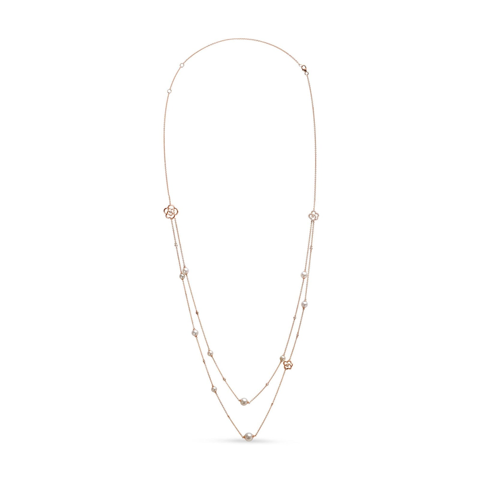 18K Rose Gold 1/2 Cttw Diamond and Freshwater Pearl Double Strand Station Necklace  (G-H Color, SI1-SI2 Clarity) - Adjustable up to 16" to 20"-0