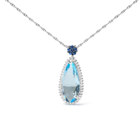 18K White Gold 3/8 Cttw Pave Set Diamond and Sky Blue Topaz and Blue Sapphire Gemstone Floral Teardrop Halo 18" Pendant Necklace (G-H Color, SI2-I1 Clarity)-0