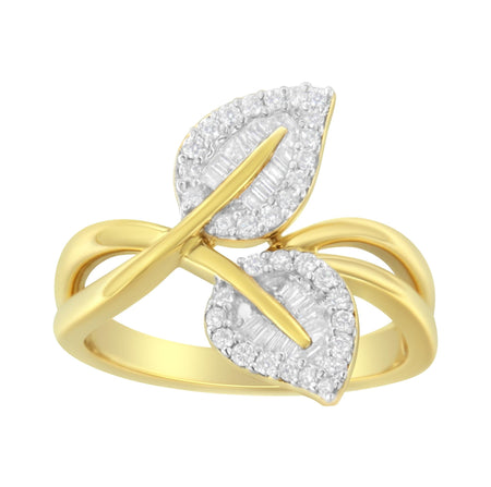 10K Yellow Gold 3/8 Cttw Round and Baguette-Cut Diamond Leaf Cocktail Ring (I-J Color, I1-I2 Clarity)-1