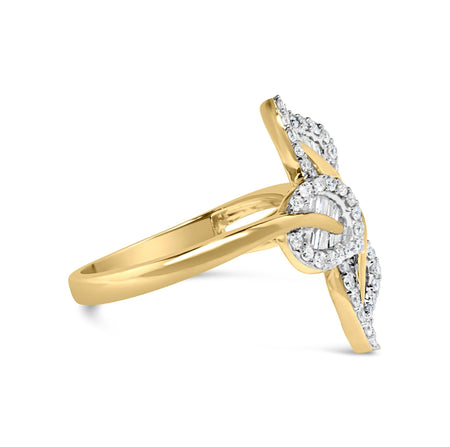 18K Yellow Gold Plated .925 Sterling Silver 1/2 Cttw Baguette and Round Diamond Bypass Triple Leaf Ring (I-J Color, I1-I2 Clarity)-1