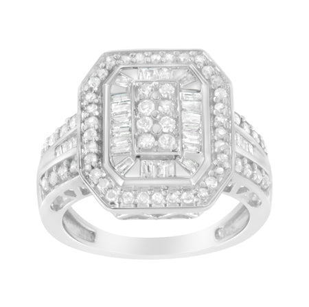 .925 Sterling Silver Round and Baguette Diamond Cathedral Ring (0.75 Cttw, H-I Color, I2-I3 Clarity)-1