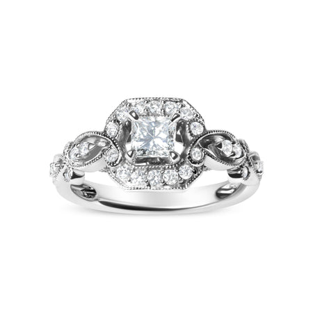 14K White Gold Diamond 3/4 Cttw Diamond Halo Style and Woven Shank Engagement Ring (G-H Color, VS2-SI1 Clarity) - Size 7-1