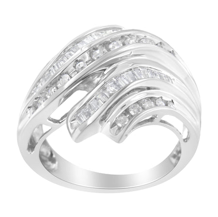 10K White Gold Round and Baguette Cut Diamond Channel Ring (3/4 Cttw, H-I Color, SI2-I1 Clarity)-1