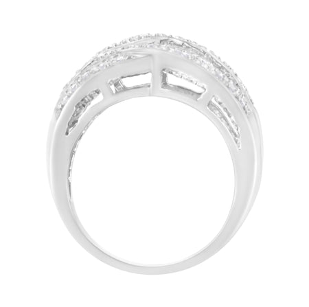 .925 Sterling Silver 1.0 Cttw Channel Set Alternating Round and Baguette Diamond Cross-over Bypass Ring Band (I-J Color, I2-I3 Clarity)