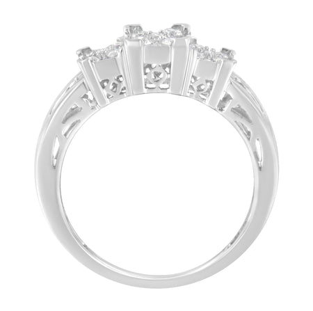 10K White Gold 1/2 Cttw Brilliant & Baguette Cut Diamond 3 Stone Design with 3 Square Clusters Engagement Ring (H-I Color, SI2-I1 Clarity)-1