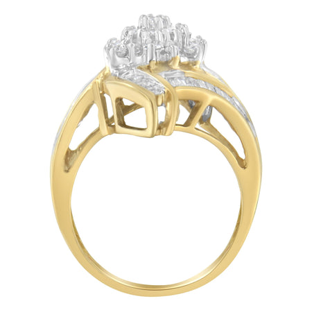 10K Yellow Gold Round and Baguette-Cut Diamond Bypass Cluster Ring (1.0 Cttw, I-J Color, I1-I2 Clarity)-1